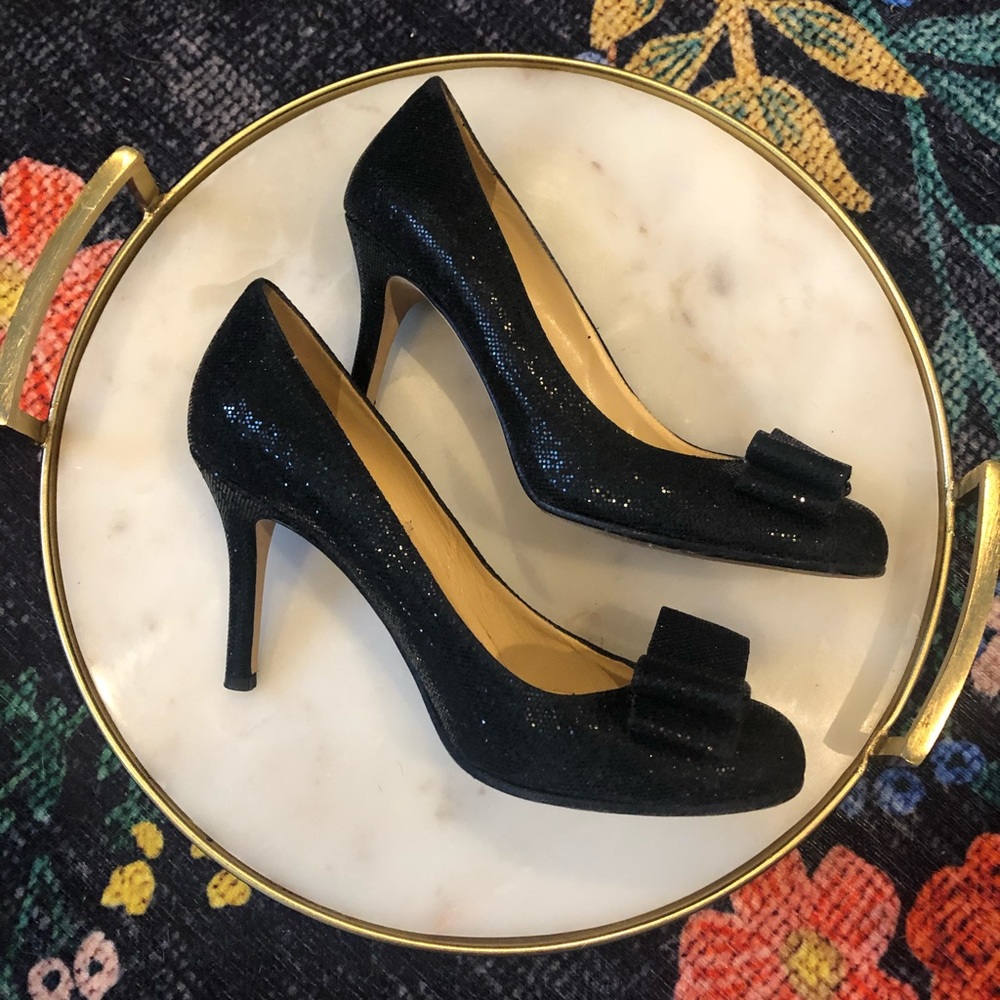 Kate Spade black glitter bow heels 7.5
